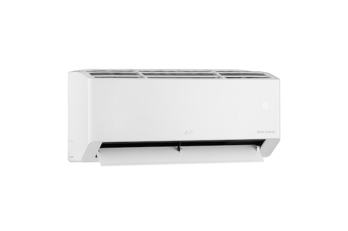 Left-side view of LG DUALCOOL Inverter air conditioner with open lower vane