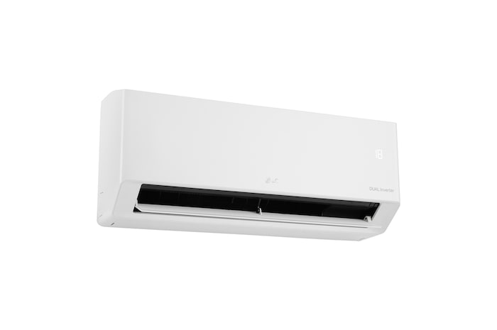Left low-angle front view of LG DUALCOOL Inverter air conditioner with open lower vane