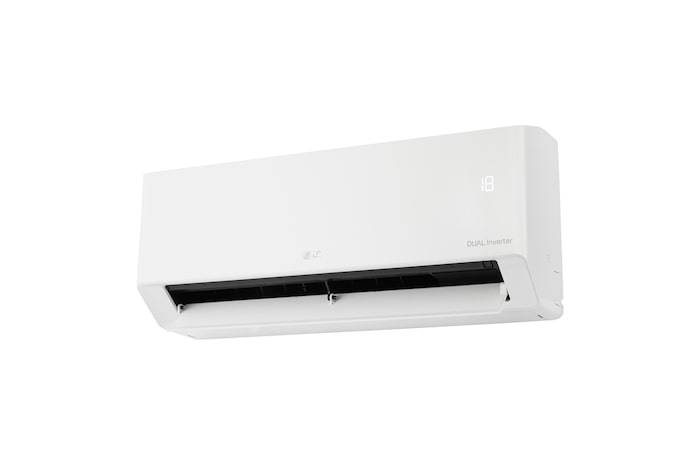 Right low-angle front view of LG DUALCOOL Inverter air conditioner with open lower vane