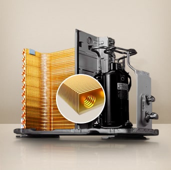 Gambar yang menunjukkan bahwa AC LG memiliki daya tahan yang lebih baik dengan mencegah korosi melalui gold fins.