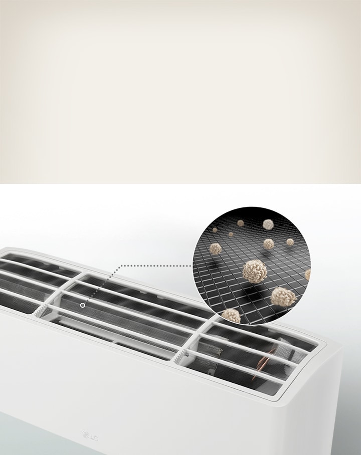 Gambar pre-filter AC LG yang menyaring debu dan serangga terlebih dahulu sehingga filter debu halus dapat bekerja lebih efisien.