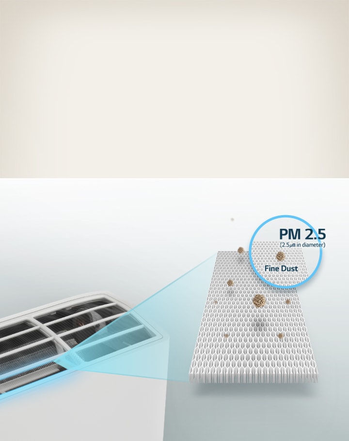 Gambar filter debu halus AC LG yang menyaring debu halus dengan filter PM 2.5.
