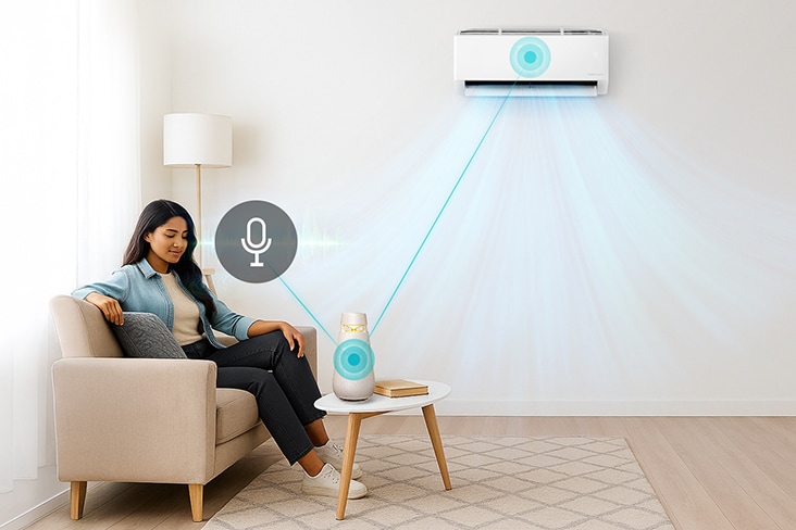 Gambar pengoperasian AC LG menggunakan asisten suara speaker AI.