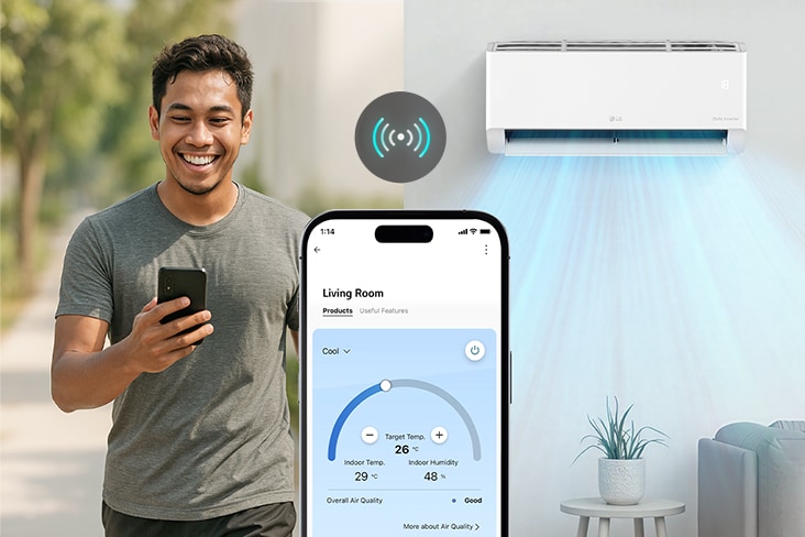 Gambar pengontrolan AC LG dari luar rumah menggunakan aplikasi ThinQ.