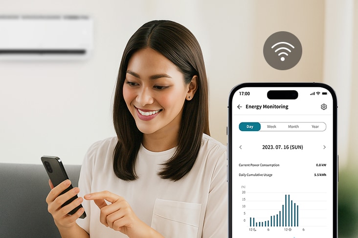 Gambar yang menunjukkan bahwa aplikasi ThinQ selalu memiliki data AC LG sehingga memungkinkan pengelolaan yang efisien.