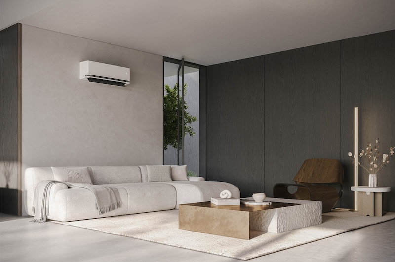 Ruang keluarga modern dengan AC LG terpasang di dinding.
