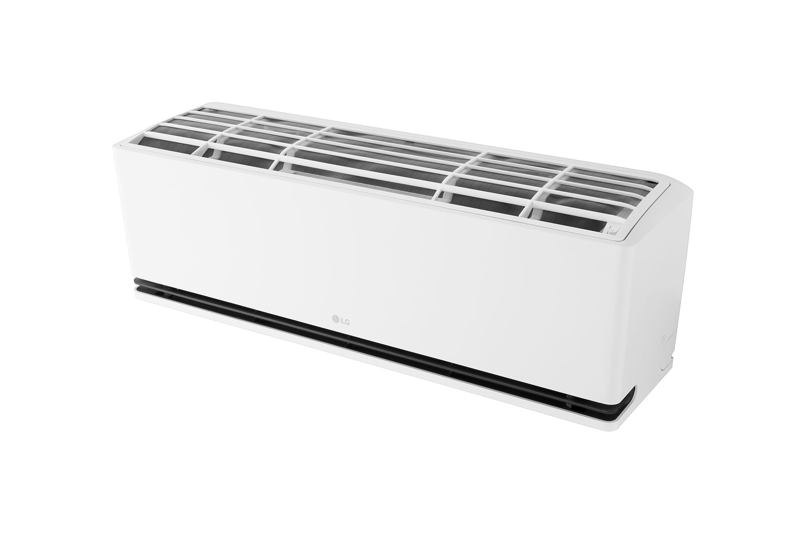 Tampak depan atas dari sudut miring AC LG AI Air dengan panel atas dan kisi-kisi (grille) terlihat.