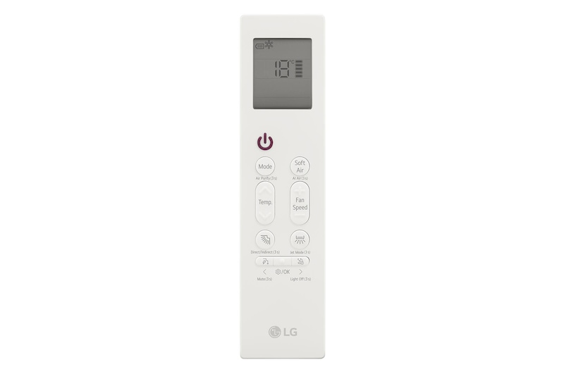 Remote control AC LG dengan layar tampilan dan tombol-tombol.