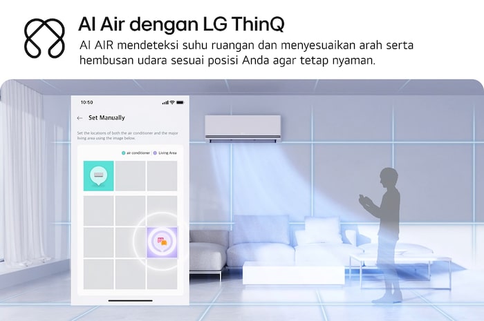 Ilustrasi teknologi LG AI Air di ruang keluarga dengan AC dinding. Sistem menyesuaikan aliran udara dengan mendeteksi suhu ruangan dan lokasi pengguna. Teks pendamping: 