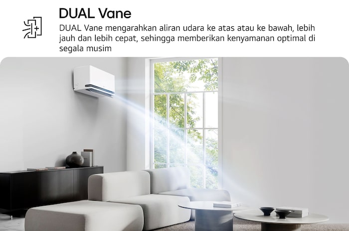 AC LG Dual Vane ditampilkan di ruang keluarga. Aliran udara sejuk mengarah ke atas di sisi kiri. Teks pendamping: 