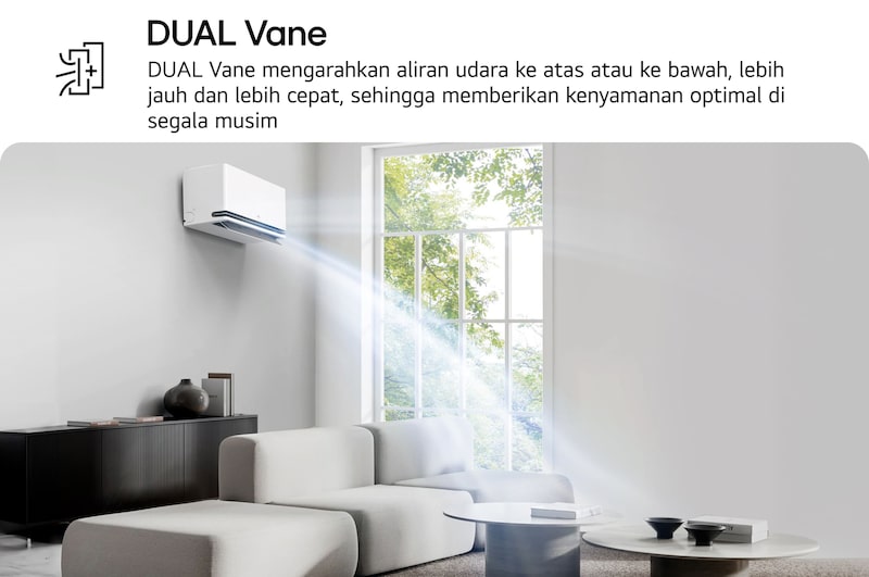 AC LG Dual Vane ditampilkan di ruang keluarga. Aliran udara sejuk mengarah ke atas di sisi kiri. Teks pendamping: 