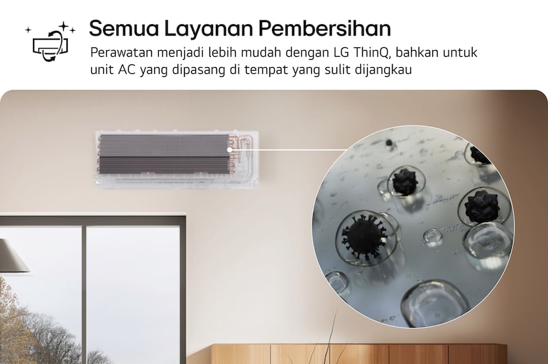 Gambar yang menampilkan fitur All Cleaning pada AC LG. Visual menunjukkan proses pembersihan bagian dalam, dengan tampilan dekat yang memperlihatkan kotoran dan kuman sedang dibersihkan. Teks: 