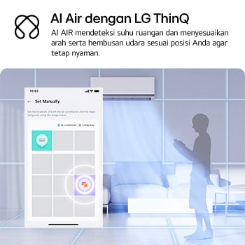 Ilustrasi teknologi LG AI Air di ruang keluarga dengan AC dinding. Sistem menyesuaikan aliran udara dengan mendeteksi suhu ruangan dan lokasi pengguna. Teks pendamping: 