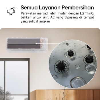 Gambar yang menampilkan fitur All Cleaning pada AC LG. Visual menunjukkan proses pembersihan bagian dalam, dengan tampilan dekat yang memperlihatkan kotoran dan kuman sedang dibersihkan. Teks: 