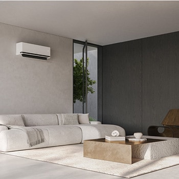 Ruang keluarga modern dengan AC LG terpasang di dinding.