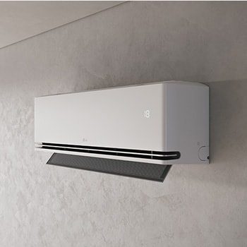 AC LG AI Air dengan sirip (vane) terbuka yang menampilkan suhu 18°C.