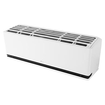 Tampak depan atas dari sudut miring AC LG AI Air dengan panel atas dan kisi-kisi (grille) terlihat.