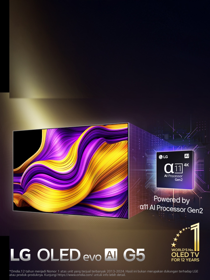 Pada layar LG OLED evo AI TV terdapat gambar abstrak dengan detail, warna, dan kontras yang mengesankan. Versi yang diperbesar dari alpha 11 AI Processor Gen2 ada di belakang TV. Ini bersinar dengan cahaya yang menerangi sirkuit mikrochip di sekelilingnya. Judul yang terbaca, LG OLED evo AI. Teksnya juga terlihat, diberdayakan oleh LG alpha 11 AI processor Gen2. Logo emas dengan bintang ada di sudut yang bertuliskan, OLED TV nomor satu di dunia selama 12 tahun.