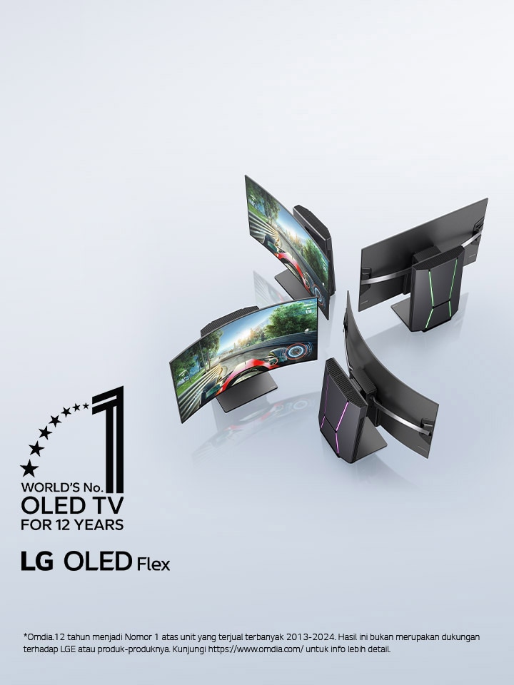 Empat TV LG OLED Flex dengan tampilan atas agak miring diposisikan untuk menampilkan layar lengkung unik TV. Pada TV tempat layar dapat dilihat, sebuah video game balapan terlihat. Lambang World's No. 1 OLED TV for 12 Years ada di sudut gambar. Logo produk LG OLED Flex dapat dilihat.