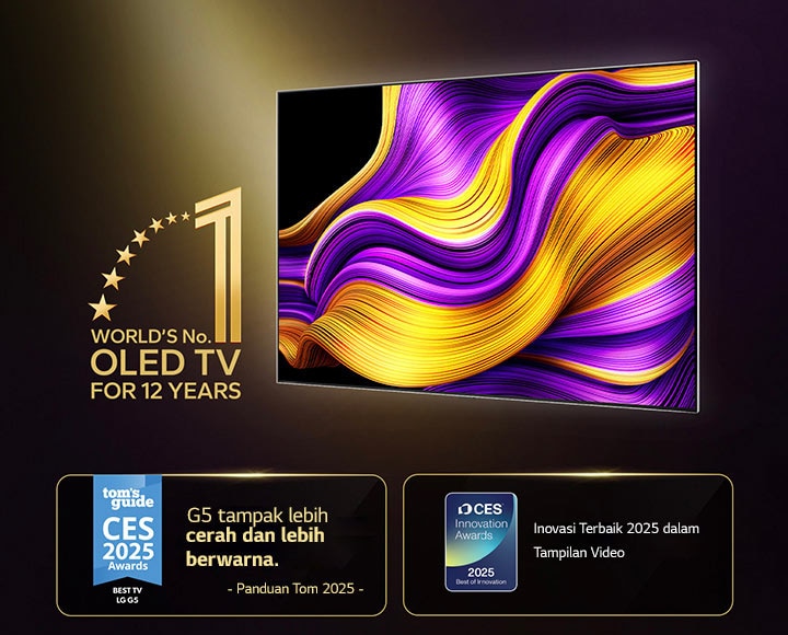 LG OLED TV dengan lambang world's number one OLED TV for 12 years. Penghargaan yang dimenangkan juga ditampilkan. Panduan Tom 2025 CES Awards, TV Terbaik, G5 tampak lebih cerah dan berwarna. Penghargaan Inovasi CES 2025, Inovasi Terbaik 2025 untuk kategori tampilan video.
