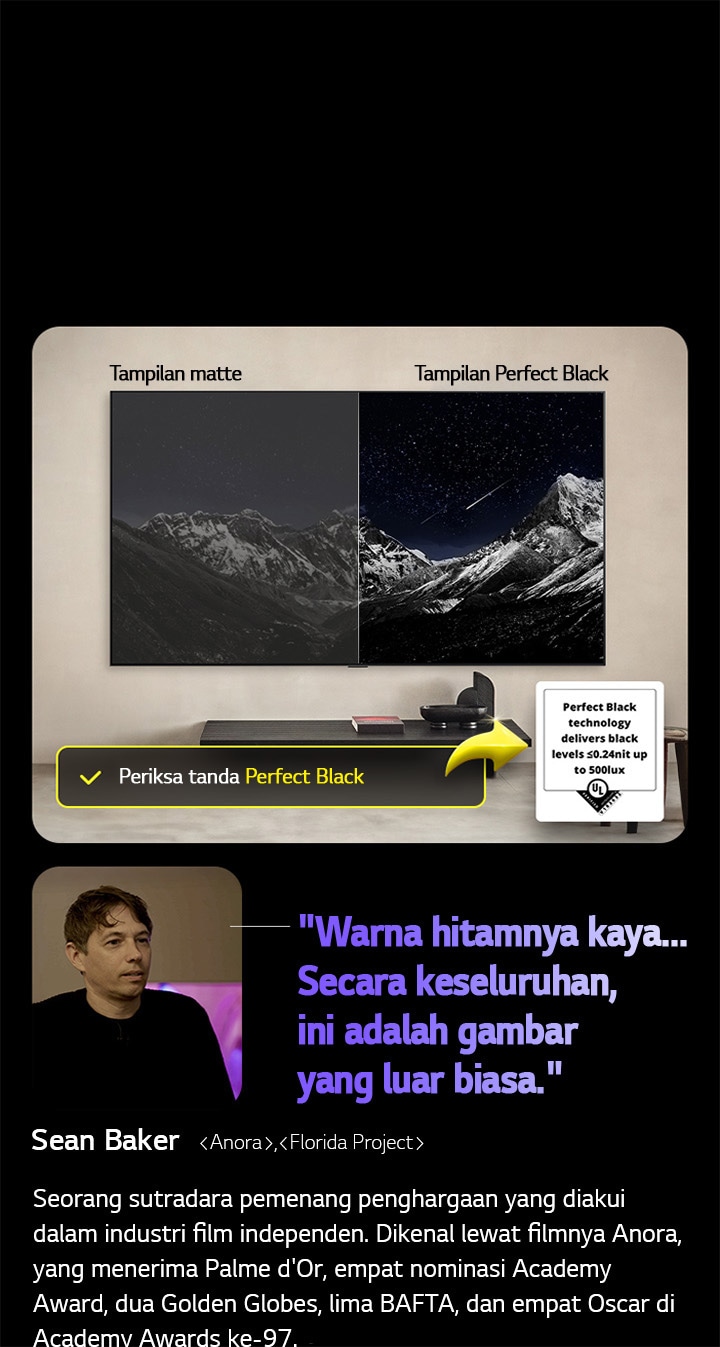 LG OLED TV yang terpasang di dinding. Di layarnya terdapat pegunungan dengan latar belakang langit malam penuh bintang. Layarnya terbelah menjadi dua. Pada satu ujung yang diberi label layar Non Perfect Black, warnanya kusam dan abu-abu, bintang-bintang hampir tidak terlihat. Di ujung lain yang diberi label layar Perfect Black, warna hitamnya pekat dan gelap, bintang-bintangnya terang dan putih, menghasilkan gambar yang sangat menyenangkan dengan kontras tinggi.
