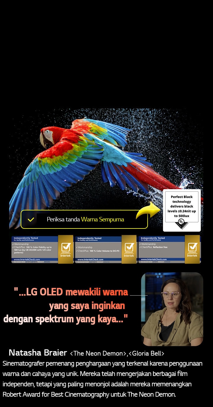 Burung nuri berwarna-warni dalam definisi ultra-tinggi dengan latar belakang hitam. Tetesan air menggantung di udara di sekelilingnya. Gambar menampilkan Warna Sempurna, karena setiap rona yang berbeda pada tubuh burung nuri tampak cerah dan jelas. Latar belakang yang gelap dengan percikan air yang mendetail, juga menyoroti betapa layarnya bebas pantulan. Sertifikasi logo yang berbeda dari UL dan Intertek dapat dilihat. Hal ini mengacu pada 100% Kemurnian Warna, 100% Volume Warna, dan klaim bebas pantulan. Teks juga terlihat, periksa tanda sertifikasi Warna Sempurna.
