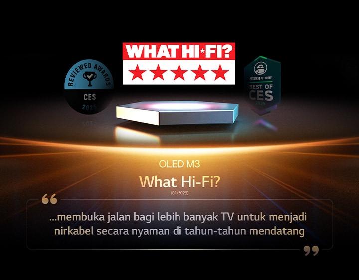 Penghargaan untuk OLED M3 dari What Hi-Fi. Kutipan dari ulasan mereka berbunyi, membuka jalan bagi lebih banyak TV untuk menjadi nirkabel dengan mudah di tahun-tahun mendatang…