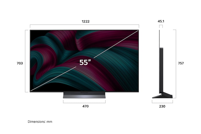 Tampilan depan dan samping Smart TV 4K LG OLED evo AI C5 yang menunjukkan dimensi panjang, lebar, tinggi, dan kedalamannya.