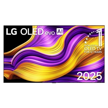 Tampilan depan Smart TV 4K LG OLED evo AI G5. Lambang 12 Tahun OLED nomor 1 dunia dan logo LG OLED evo AI 2025 pada layar.