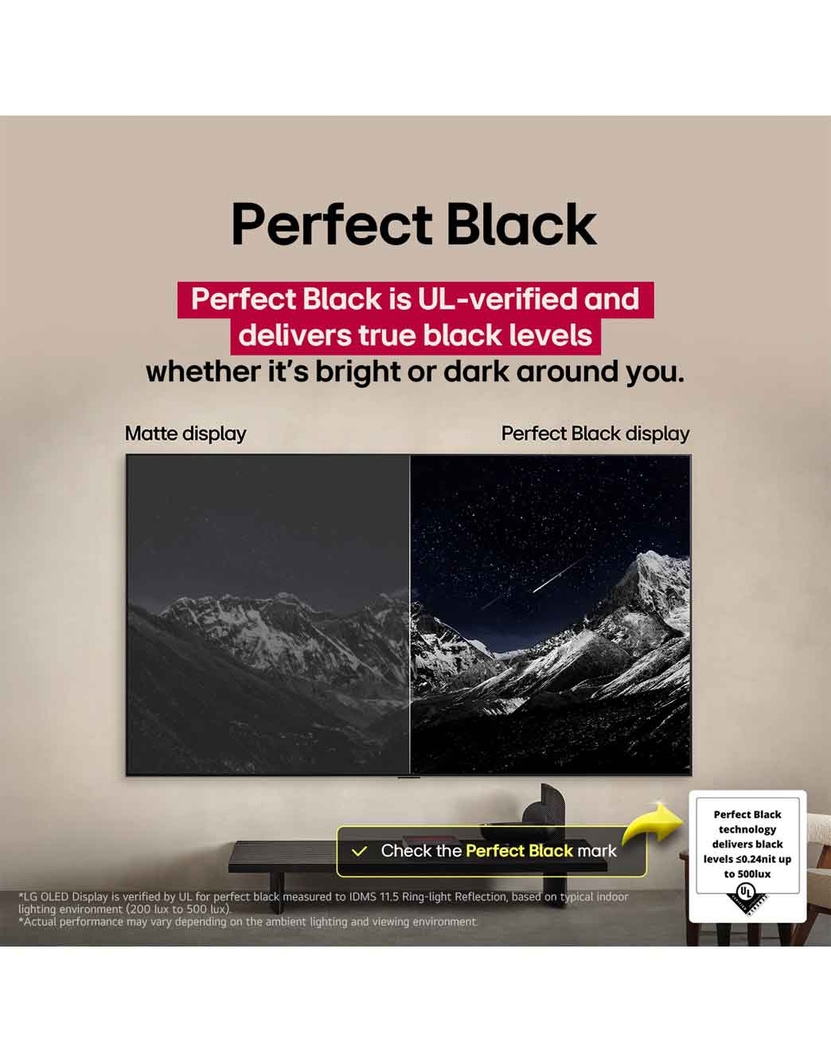 Living room space with a wall-mounted LG OLED TV. On the TV is a mountain range against a dark evening sky filled with stars. This scene is split in half to show how Perfect Black delivers true black levels whether it's bright or dark around you. One side of the scene shows a duller, grayer version of the landscape labeled, Matte display. On the other side is a more pleasing picture with a larger dynamic range of blacks and whites. This is labeled, Perfect Black display. Logo certification is also visible, Perfect Black Technology delivers black levels less than or equal to 0.24 nit up to 500 lux. A text bubble is by its side it says, check the Perfect Black certification mark.