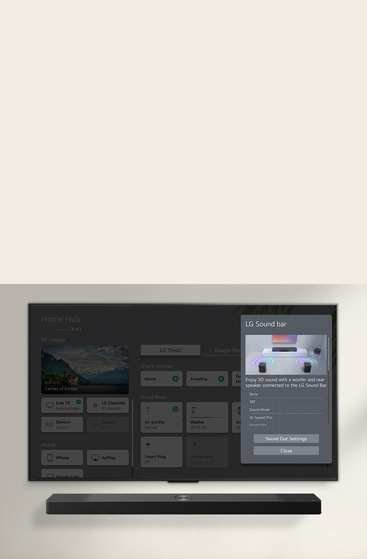 LG Soundbar berada di bawah LG QNED TV. Pada layar TV terdapat UI untuk soundbar dan kontrol volume TV.