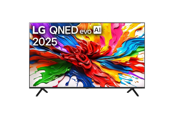 Tampak depan LG QNED evo QNED92 TV, Logo LG QNED evo Al di sudut atas. LG QNED evo TV menggambarkan tekstur cat warna-warni yang bersatu.