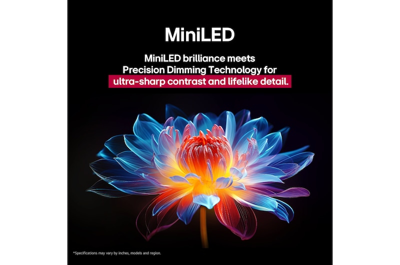 Bunga holografik 3D dalam berbagai corak dan warna pada latar belakang hitam. Definisi dan detail bunga menunjukkan kemampuan QNED MiniLED untuk menghasilkan visual dengan warna, kecerahan, dan kontras yang luar biasa. Judulnya membahas tentang bagaimana MiniLED meningkatkan kejernihan dan memberikan kontras yang luar biasa.
