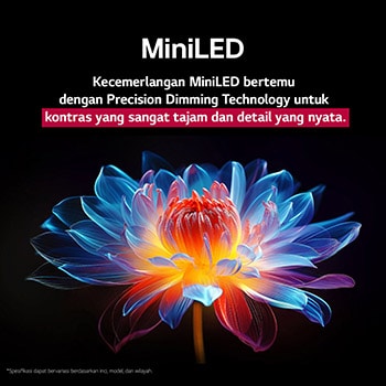 Bunga holografik 3D dalam berbagai corak dan warna pada latar belakang hitam. Definisi dan detail bunga menunjukkan kemampuan QNED MiniLED untuk menghasilkan visual dengan warna, kecerahan, dan kontras yang luar biasa. Judulnya membahas tentang bagaimana MiniLED meningkatkan kejernihan dan memberikan kontras yang luar biasa.