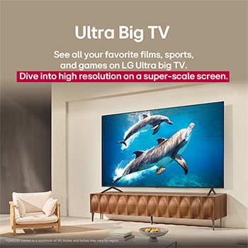 Sebuah keluarga duduk di sofa menghadap LG QNED TV yang terpasang di sebuah dudukan berdiri TV dengan seorang gadis kecil menunjuk ke layar yang menayangkan dua lumba-lumba. Judulnya membahas tentang bagaimana Anda dapat menikmati resolusi tinggi pada layar besar.