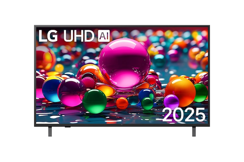 Tampak depan UHD UA75 TV, Logo LG UHD Al di sudut atas. LG UHD TV menggambarkan tekstur cat warna-warni yang bersatu.