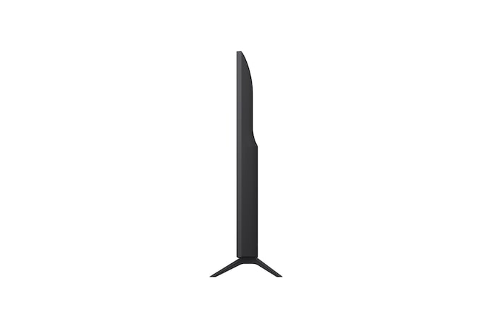 Tampak depan dan samping Smart TV 4K LG UHD AI UA75 yang menunjukkan dimensi panjang, lebar, tinggi, dan kedalamannya.