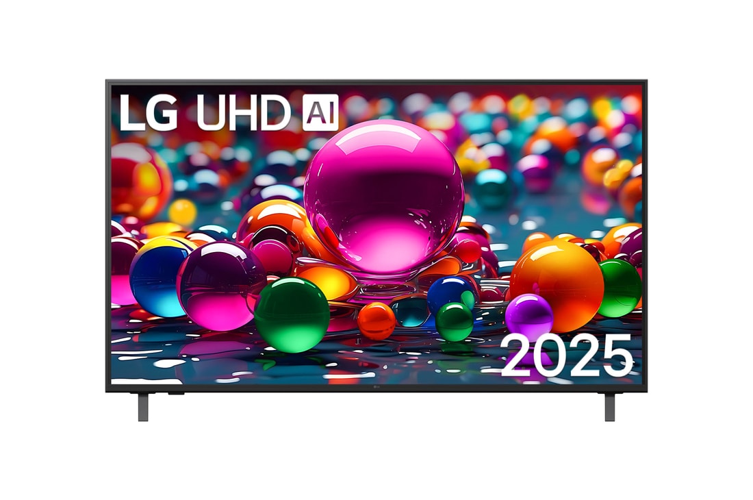 Tampak depan UHD UA75 TV, Logo LG UHD Al di sudut atas. LG UHD TV menggambarkan tekstur cat warna-warni yang bersatu.