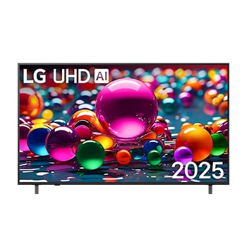 Tampak depan UHD UA75 TV, Logo LG UHD Al di sudut atas. LG UHD TV menggambarkan tekstur cat warna-warni yang bersatu.