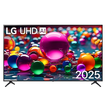 Front view of UHD UA75 TV, LG UHD Al Logo on the top corner. LG UHD TV depicts colorful paintike textures coming together.