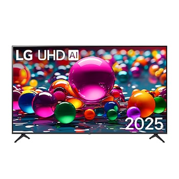 Tampak depan UHD UA75 TV, Logo LG UHD Al di sudut atas. LG UHD TV menggambarkan tekstur cat warna-warni yang bersatu.