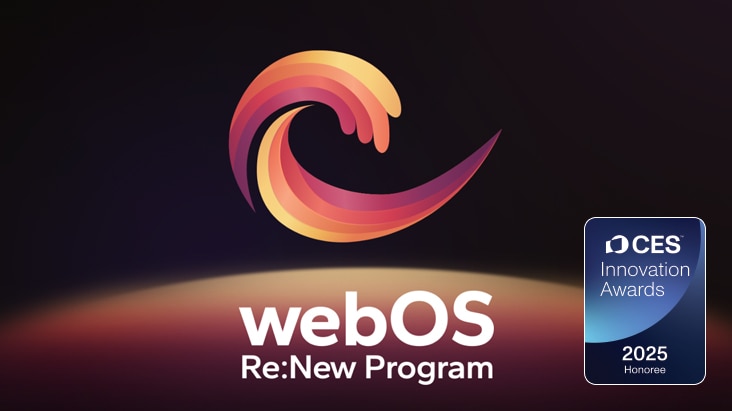 Logo dan nama program webOS Re:New dengan lencana Penghargaan Inovasi CES 2025 di dekatnya.