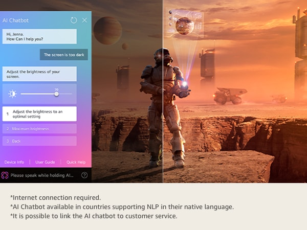 Konten fiksi ilmiah ditampilkan di layar TV LG QNED. Di sisi kiri layar terdapat antarmuka chatbot AI. Pengguna mengirim pesan ke chatbot bahwa layar terlalu gelap, dan chatbot menawarkan solusi untuk permintaan tersebut.