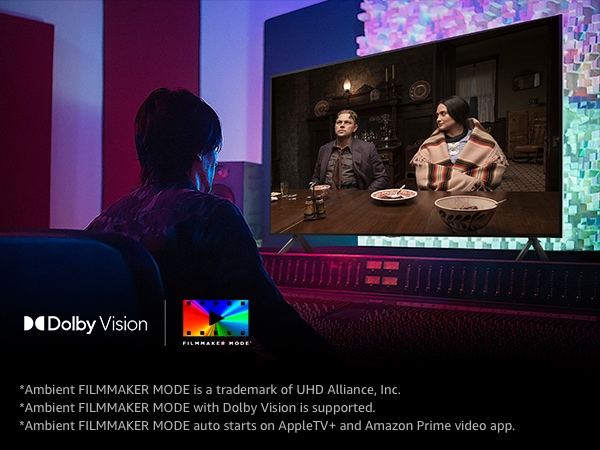 Seorang sutradara di depan panel kontrol mengedit film “Killers of the Flower Moon” di TV LG QNED. Di pojok kiri bawah, logo Dolby Vision dan logo FILMMAKER MODE. Di bawah gambar terdapat logo Netflix, HBOmax, Prime Video, Disney Plus, Apple TV, dan LG Channels. 