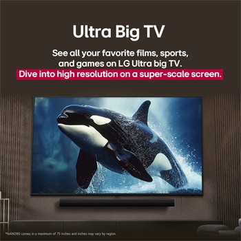 LG TV dengan layar yang sangat besar dipasang di dinding di atas LG Soundbar di ruang tamu bergaya modern.