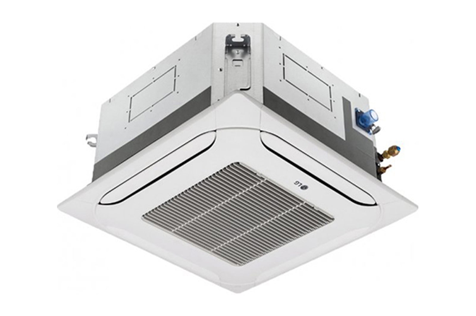'LG Ceiling Cassette ARNU18GTQB4 terdiri dari bagian atas berwarna abu-abu dan bagian bawah berwarna putih. Di bagian bawah, terdapat kipas di keempat arah, sehingga udara dapat mengalir.