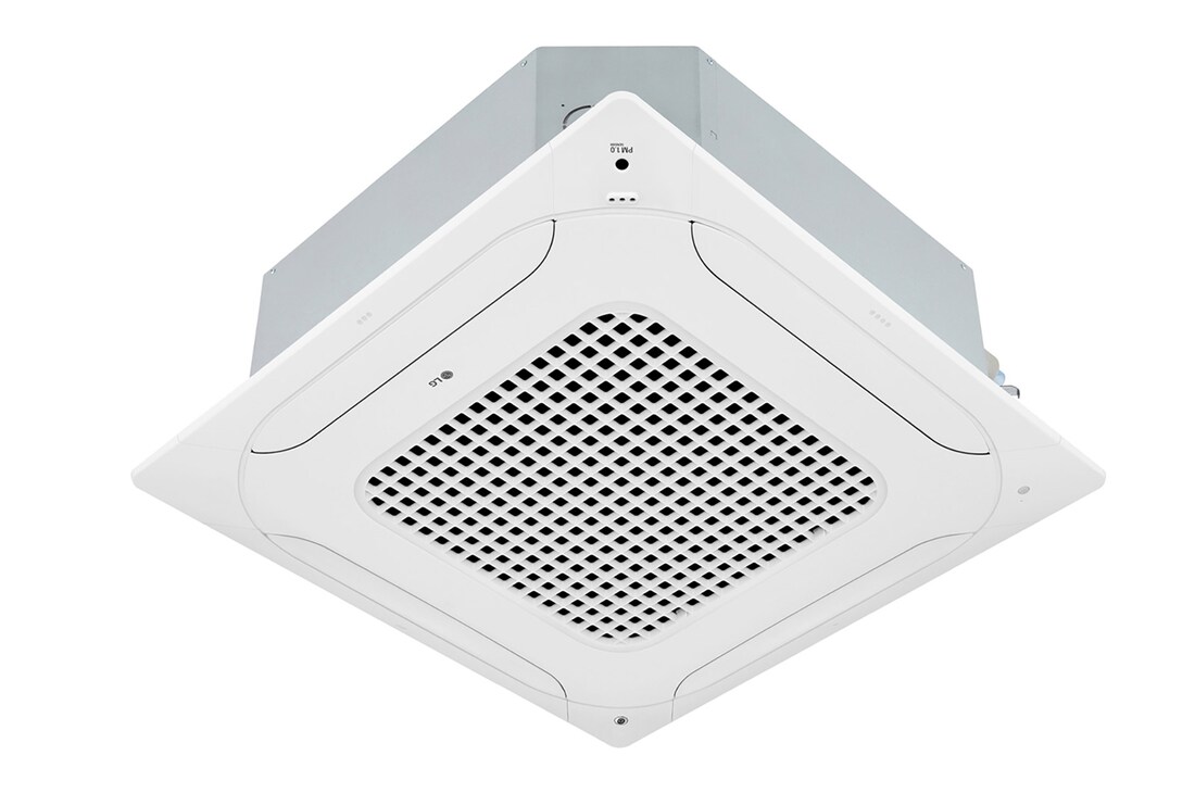 LG Ceiling Cassette ARNU36GTNA4 terdiri dari bagian atas dan bawah berwarna putih. Di bagian bawah, terdapat kipas di keempat arah, sehingga udara dapat mengalir.