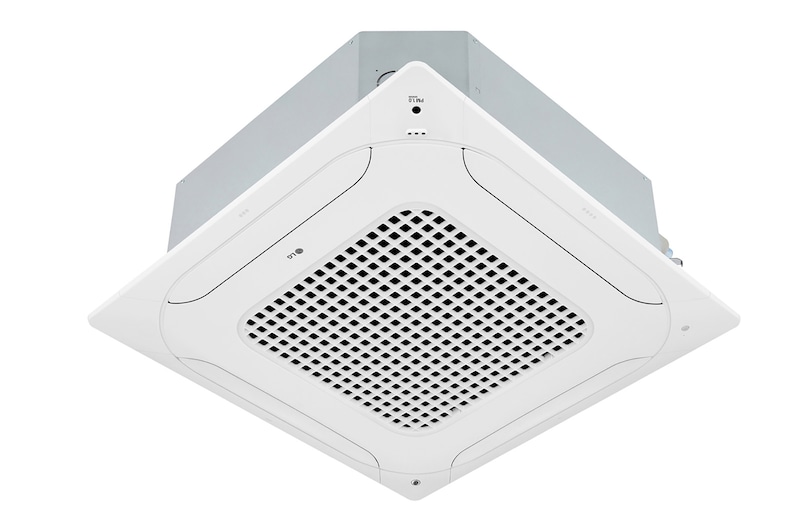 LG Ceiling Cassette ARNU42GTMA4 terdiri dari bagian atas dan bawah berwarna putih. Di bagian bawah, terdapat kipas di keempat arah, sehingga udara dapat mengalir.
