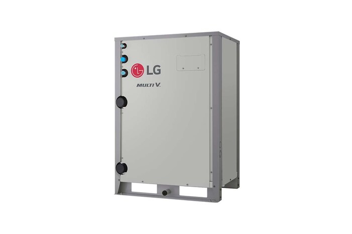 LG MULTI V WATER 5, Water Heat Recovery, 14HP berbentuk persegi panjang dan memiliki beberapa saluran masuk di sisi kiri depan.