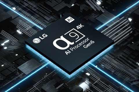 Sebuah gambar Prosesor AI α9 4K Gen6 melawan papan sirkuit dengan cahaya biru memancar dari chip, mewakili kekuatannya.